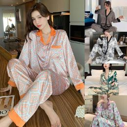 2 sets of Pyjamas for womens spring/summer long sleeved cardigan sweater ice silk home suit V-neck simulated silk summer Pyjama set 240515
