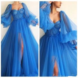 Long Sleeves 2020 A-Line Split Side Prom Dresses Tulle New Design Long Women Evening Party Gowns Special Occasion Party Gowns Plus Size 195E