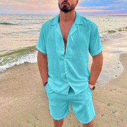 Hawaiian Mens Summer Polo Collar Cotton Linen Two Piece Set Solid Short Sleeve Shirt Shorts Fashion Suit 240527