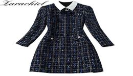 Fashion Designer Navy Blue Plaid Bow Tie Tweed Dress Autumn Winter Women Long Sleeve Diamonds Button Vintage Woollen Short Dress 223650839