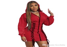 Women Hooded Dresses Solid Color Sweater Fashion Casual Large Bandage Decorative Long Sleeve Zipper Bodycon Dress Clubwear SXXL3251284