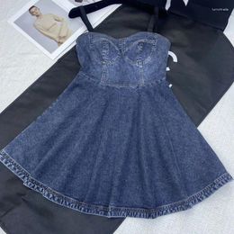 Casual Dresses Sexy Cotton Cowboy Strapless Suspender Dress Fashion Waist Up Slim Mini Pleated Streetwear Summer Y2K Clothes Runway