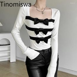 Women's T Shirts Tinomiswa Square Collar Long Sleeve Tshirts Women Bow Knot Contrast Colour Patchwork Sexy Female Slim Fit Fashion Tops