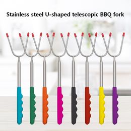 Stainless Steel BBQ Tools Telescoping Hot Dog Roasting Sticks Outdoor BBQ telescopic barbecue forks 12 Colour U-shaped PVC handle baking fork T9I002652