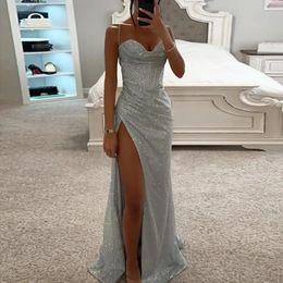 Women Evening Dress Shiny Sequin Spaghetti Strap Maxi Dress Off Shoulder Sleeveless Low-cut High Split High Waist Prom Dress 240514