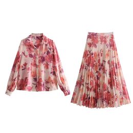 Zach Ailsa Spring Product Womens Polo Collar Flower Print Shirt Small Pleated Midi Skirt Fashion Set 240527