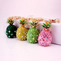 3d Pineapple Shape Key Chain Colorful Rhinestone Alloy Fruit Pendant Metal Lobster Clasp Keychain Fashion Car Key Ring Keyring 3pcs Lot 288U