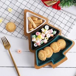Plates Creative Christmas Tree Ceramic Snack Plate With Bamboo Tray Shaped Dish Dim Fruit Saucer Sugar