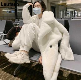 Lautaro Winter Warm White Faux Fur Coat Women Long Sleeve Lapel Double Breasted Luxury Elegant Fluffy Fake Rabbit Blazers 2110203536765