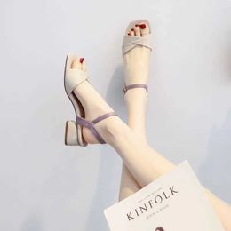 Dress Shoes Fairy Style Square Head Color Contrast Open toe Sandals Summer Thick Heel Fashion One Button Roman High Womens H240527