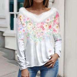 Women's T Shirts Women T-shirt 2024 Autumn And Winter Long-sleeved Loose V Neck Casual Pullover Tops Floral Print Plus Size Ladies