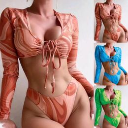 Women's Swimwear Sexy Bikini Set Printed Long Sleeve Blouse Tops Bandage Low Neck Crop Top Two Piece Swimsuits Beachwear Swim Bathing Suit