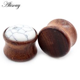 Alisouy 2PCS Natural Wood Opal Stone Flared Ear Plugs Tunnels Flesh Stretcher Guages Earrings Expander Piercing Body Jewellery