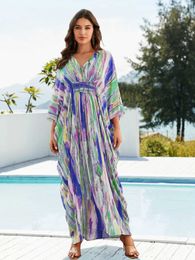 Women's Swimwear Sexy V-neck Tie dye Batwing Slve Oversize Summer Kaftan Beachwear Swimsuit Cover Up 2024 Women Vacation Cozy House Dress Tunic T240523