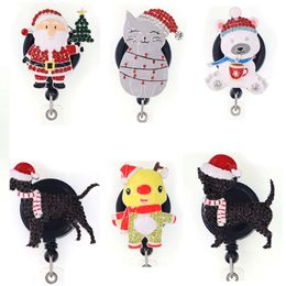 Newest Key Rings Christmas Santa Claus Snowman Dog Rhinestone Retractable Holiday ID Holder For Nurse Name Accessories Badge Reel With 291P