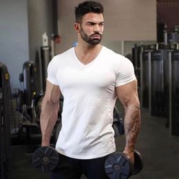 Plain Cotton Gym Tshirt Men Summer Fitness Clothing VNeck Short Sleeve T shirt Slim Fit Bodybuilding Workout Tees Tops 240527