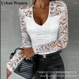 Women's T Shirts Autumn Winter Fashion Lace Print Tight Pullover Bottom Tshirt Women Sexy V-neck Long Sleeve Slim Top
