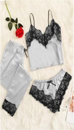 Womens Satin Silk Lace Lingerie Sleepwear Kimono Bath Robe Pyjama Gown Smooth Silklike Nightwear 3 pcs Pyjama Set 9 Colours Q07062368079