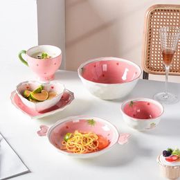 Plates Strawberry Love Bowl Pink Plate And Hand-painted Ceramic Tableware Set Rice Soup For Household