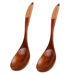 Spoons 2pcs Japanese Style Wooden Creative Soup Spoon With Tied Line On Handle Vintage Tableware For Home Restaurant (Brown)