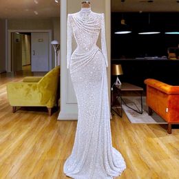 White Glitter Sequined Mermaid Evening Dresses High Neck Ruched vestidos de fiesta Custom Made Long Sleeve Prom Dress Formal 271B