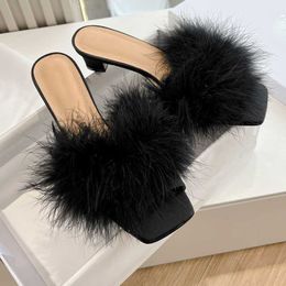 Slippers Ostrich Hair High Heels Slippers Designer Luxury Quality Sandals Women Summer Fairy Open Toe Sexy Slipper Dress Party Wedding Shoes 3543 Top Quality With Bo