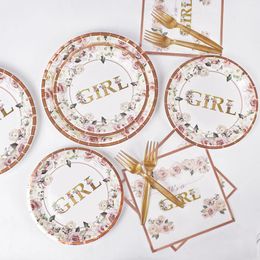 Party Decoration OurWarm Baby Shower Plates And Napkins Pink Rose Gold Floral Paper Supplies For Birthday Decorations