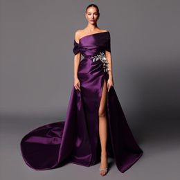 Purple Mermaid Side Split Evening Dresses With Detachable Train Pleated Prom Gowns Off The Shoulder Satin Formal Dress