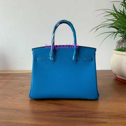 AA Biriddkkin Delicate Luxury Womens Social Designer Totes Bag Shoulder Bag Bag 30cm25cm Blue Leather Stitching Real Bright Crocodile Leather Hand Sewing Wax Threa