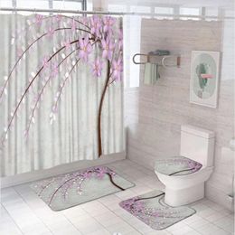 Shower Curtains Purple Flower Tree Bathroom Set Curtain Non-Slip Rug Bath Mat Lid Toilet Cover Oil Painting Scenery Bathtub Home