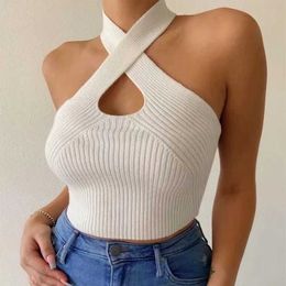 Women's Tanks Camis Womens cut top tight fitting corset cross fitting solid color tank top summer Harajuku knitted tank top fashion club street clothing Y2k S2452733