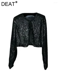 Women's Jackets Coat Shiny Silver Sequins Shoulder Padded Round Neck Long Sleeves Elegant Jacket 2024 Spring Fashion 11XX8713