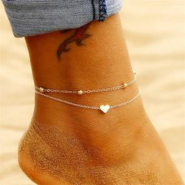 Double Layers Heart Charm Anklet For Women Summer Golden Silver Colour 14K Gold Leg Foot Ankle Bracelet Beach Jewellery