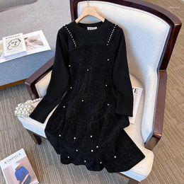 Casual Dresses Women's Spring Autumn Black Dress Knitting Patchwrok Elegant Temperament O-Neck Beading Long Sleeve A-Line Mini