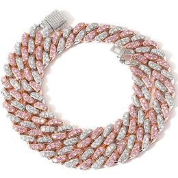 12mm Iced Pink cuban Choker Necklace Silver rose Gold Cuban Link With White &Pink Diamonds Cubic Zirconia Jewellery 7inch-24inch 192r