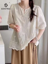 Women's Blouses Spring Cotton Sweet Casual Shirt Women O-Neck Short Sleeve Embroidery Top Girl Loose OL Commute Blouse 2024 Summer T454100QC
