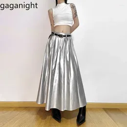 Skirts Gaganight Women Street Light Mature Metal Bright High End Skirt 2024 Spring Waist Large Hem Slimming Versatile Long