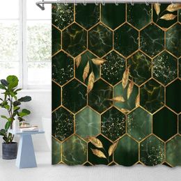 Shower Curtains Abstract Emerald Geometric Curtain Vintage Green Marble Texture Golden Leaves Waterproof Bath Bathroom Decor