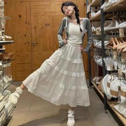 Skirts Chic White Hollow Out Long Cake Skirt Fashion Korean Spring Summer High Waist Sweet A-Line Midi Casual Culottes For Women