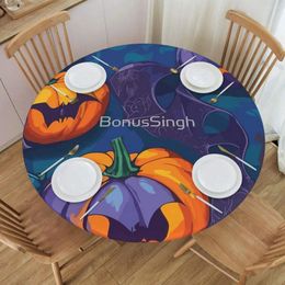 Table Cloth Halloween Pumpkin Colorful With Bat In Abstract Graphic Style Round Waterproof Decorative