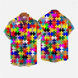 Men's Casual Shirts Funny Puzzle Design Graphic For Men Clothes Fashion Colorful Joint 3D Printed Blouses Y2k Boy Short Sleeve Tops