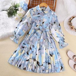 Girl Dresses Summer Dress Fashion Style Turn-down Collar Long Sleeved Print Sweet Children's Clothing 8-12 Age Casual