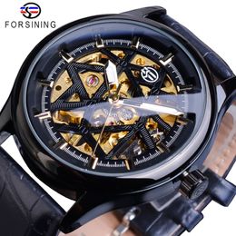 Forsining Black Golden Retro Luminous Hands Fashion Mens Mechanical Skeleton Leather Wrist Watches Top Brand Luxury Clock Montre 240k