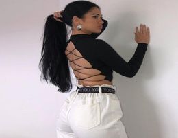 Woman Long Sleeve Backless Cropped T shirt Black White Cut Out Crop Top harajuku Streetwear Tops Bodycon Solid Cotton Shirts9672476
