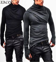 ZACOO Gothic Men Black T shirt Solid Heap Collar Shirt Super Long Sleeve with Gloves Casual Tees Solid Men039s Warm Tops san01543473