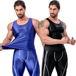 Men's Tank Tops AMORESY Fashion Men Shiny Satin Running Spandex Sleeveless Tights Sports Hurdle Vest Smooth Pullover Breathable Activewear