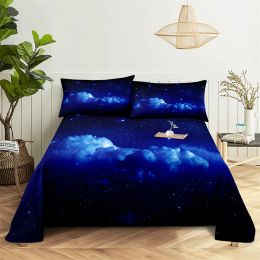 Bedding Sheets Starry Sky, Scenery Printing Flat Sheet with 2Pillowcase Bed Sheet Bed Sheet Set King Queen Size Bedding Set