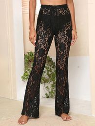 Women Y2k Sexy Lace Pants See Through Flare Bottom Hollow Out Floral Mesh Leggings Rave Vintage Coquette Streetwear