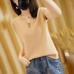 Women's T Shirts T-shirt Summer Cotton Knitted Short Sleeve Casual Solid Tees Loose V-neck Tops Button Ladies Blouse