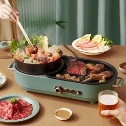 220V Removable Electric Grill Non-stick Hot Pot 2 In 1 Hotpot Multicooker Kitchen Appliances Meat Barbecue Maker Frying Pan